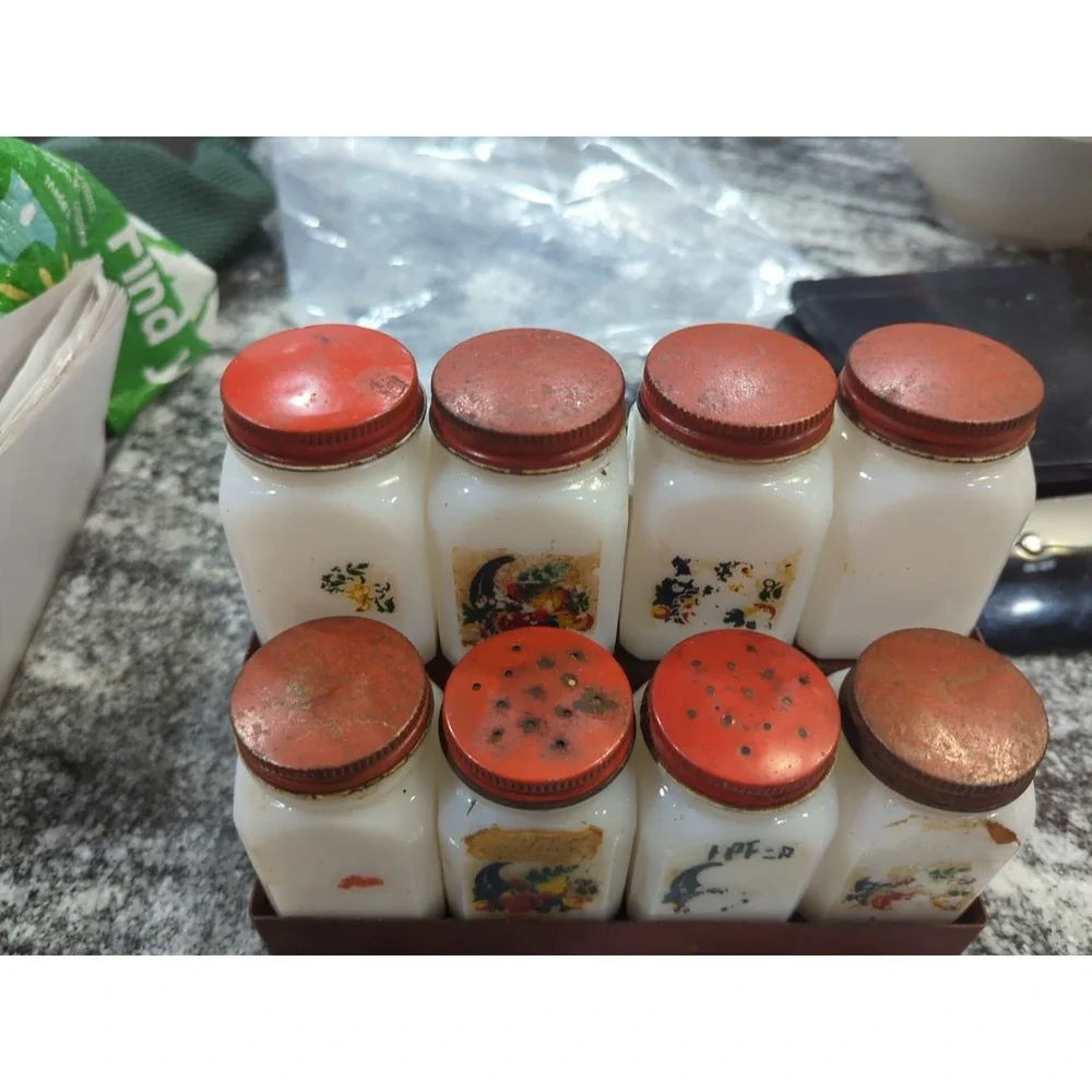 Vintage McKee Cornucopia Milk Glass Jar Spice Set With Rack